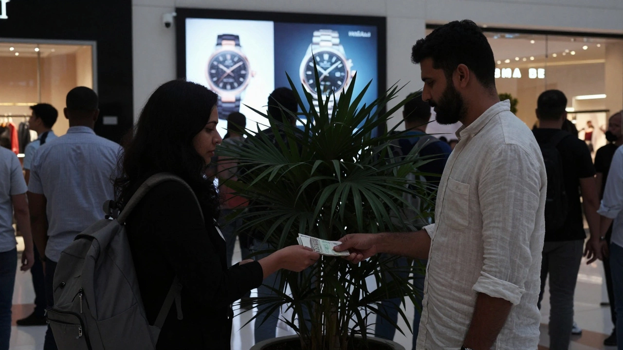 A discreet cash exchange between two people in a crowded Dubai mall, partially hidden by plants.