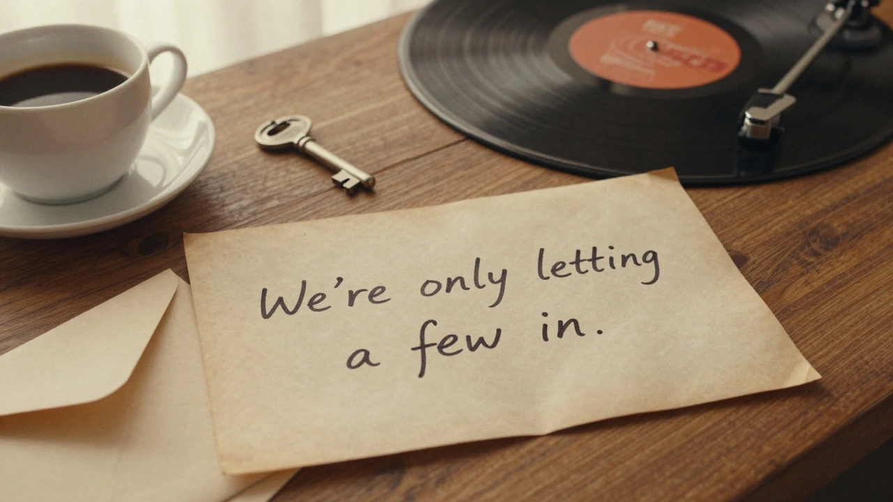 A handwritten note saying &#039;We’re only letting a few in&#039; beside a sealed envelope and a key.