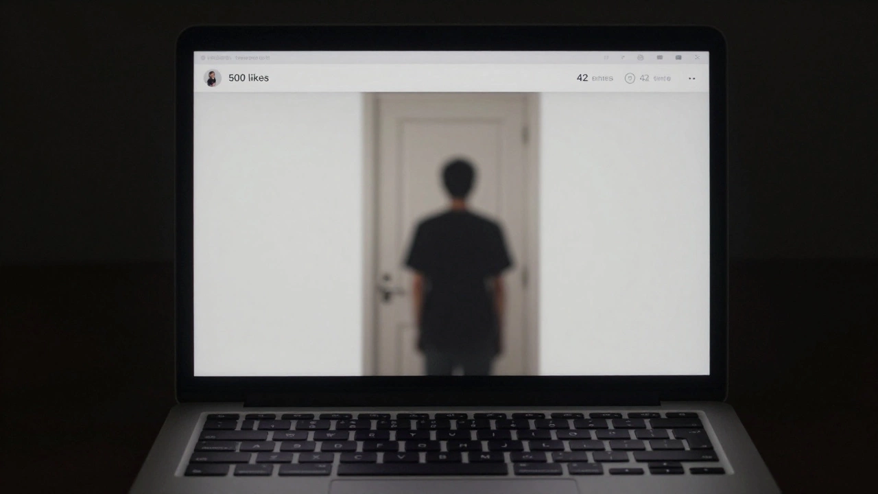 A laptop screen showing a blurred silhouette of a door with no caption, lit only by the screen.